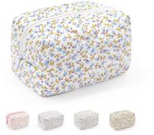 Neceser portáril de Algodón, acolchado floral cosmético Bolsa de Lavado organizador Bolsa para Mujeres Niños Damas (Azul)