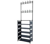 Zapatero de acero al carbon de 5 niveles, estante para sombreros, árbol de salón ajustable con 16 ganchos de suspensión de plastico, cubierta lateral para entrada, baño, sala de estar