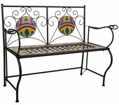BricoLoco.com Banco Jardín exterior para Hogar en color Negro de hierro forja y azulejocon motivos étnicos. 50x88x110 cms Bancos de jardín