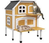 PawHut Casa para Gatos de Madera 78x82x93 cm Caseta para Gatos de 2 Niveles Refugio para Gatos con Techo Asfáltico Terraza y Plataforma de Salto Natural