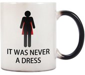 Taza de cerámica de 11 oz con texto "It Was Never a Dress" que cambia de color, de negro a blanco, para empoderar a las mujeres feministas, novedosa, creativa, térmica