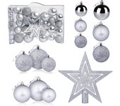 Pack Decoración Árbol de Navidad. Maletín de 41 Bolas y Estrella Navidad color Plata. Adornos Navideños para el Árbol. Bolas Plateadas