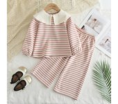 Bear Leader Autumn Black and White Striped Two-piece Sets Girls Clothes Long Sleeved Lapel Top+straight Leg Wide Leg Pants Suits