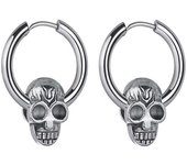 1Pair Skull Pendant Huggie Hoop Earrings For Women Men, Stainless Steel Punk Gothic Earring Studs, Halloween Jewelry