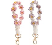 correas de muñeca bohemias para teléfono móvil, correa trenzada con flores para teléfono, llavero para teléfono inteligente, decoración para muñeca para mujer, rosa y morado