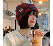 Christmas Hat Red and Green Checkerboard Wool Hat Women's Autumn and Winter Big Head Circumference Versatile Knitted Hat