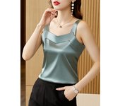 Woman T-shirts Elegant SILK Satin Blouse Sleeveless Female Summer 2025 Casual Loose Tanks and Camis Solid Green Tops for Women