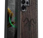 Funda magnética de madera para Samsung Galaxy S25 Ultra Case 2025, carcasa de TPU a prueba de golpes y grabado artesanal de madera, compatible con cargadores inalámbricos MagSafe (The Haloed Crow) Blackwood