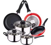 San Ignacio Batería de cocina San Ignacio de acero inoxidable con 3 piezas + juego de 3 sartenes antiadherentes (16/20/24cm) en aluminio prensado rojo - Apto para todos los fuegos - SpazioLuzio
