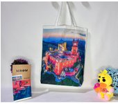 Bolso de hombro de compra con estampada de los dubujos paisaje con doble cara. tela loneta estampada dibujos personalizada.gran capacidad.dibujos madrid,barcalona,sol,portugal lisboa.sintra