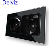 Delviz Wall Power Double Outlet, 5V 3100mA With usb Quick charge Port, Tempered glass panel, EU Standard 18W Type C USB Socket