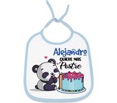 Babero personalizado panda quiero mas postre con el nombre de tu bebé. Regalo original personalizado para tu bebé. Medidas 24 x 29 cm.