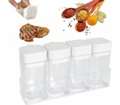 4 Piezas Tarros de Especias Caja de Especias Cuadrada Coctelera de Especias Transparentes Contenedor de Especias de Plástico Organizador de Especias con Bandeja para Acampar Cocina Barbacoa Parrilla
