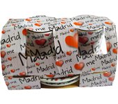 Domínguez  - Juego de café tazas blancas con corazones rojos y eslogan "Madrid me quiere" en diferentes tamaños.