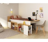Vente-unique - Cama combinada 90 x 200 cm con escritorio y almacenamiento - Blanco y natural + Somier + Colchón - PALOMA