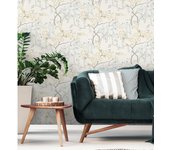 Muestra DIN A4 de Papel pintado vinílico ecológico rosas amarillas y gris azulado fondo claro - Olivia Bloom 679681 de GAULAN