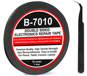 CABLEPELADO Cinta adhesiva B7010 doble cara | 50 m largo x 1 mm ancho | Incluye pinzas antiestática | Apto para reparar móviles, tablets y pequeños dispositivos electrónicos | Negro