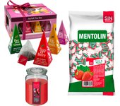 Pack surtido: MENTOLIN FRESA MENTA S/A BOLSA 1KG + WELL HOME - Vela de frutos rojos + WELL HOME - Caja de Té Joyfull con variedad de sabores