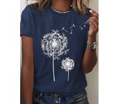 Dandelion Print Crew Neck T-Shirt, Casual Short Sleeve Top For Spring & Summer, Women's Clothing