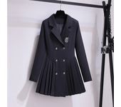 Korean Fashion Suit Student Dress Tailored Collar High Waist Dresses Pleats Double Breasted Button Black Autumn Women Clothing