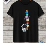 Men's Summer 100% Cotton Cartoon Astronaut Planet Print Loose Large Casual Round Neck Short Sleeve T-shirt