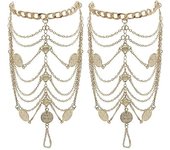 Tobilleras, pulseras de tobillo bohemias vintage para mujer, símbolo de bendición de monedas doradas, tobilleras de playa, cadenas para pies con borlas, 2 piezas