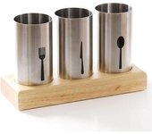 Portacubiertos Cesta para cubiertos Contenedor de cubiertos de acero inoxidable con base de madera, Portacubiertos para tenedores, cuchillos, cucharas, Portacubiertos para Gillen, hogar o restaurantes (3 portavasos)