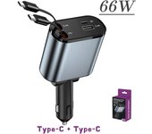 120/66w 4 IN 1 Retractable Car Charger Mobile Phone USB PD Type C Cable For iPhone Fast Charge Cord Cigarette Lighter QC Adapter