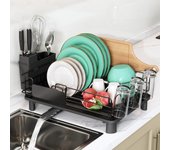 - Escurridor de Platos de Gran Capacidad para Encimera de Cocina, Escurreplatos de Acero Inoxidable con Soporte para Utensilios y Tapete para Secar, Color Negro