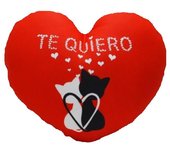 Cojín "Te quiero" loneta rojo con forma de corazón con gatitos entrelanzando sus colitas formando un corazón - Arte Model - Hecho en España - 30 cm