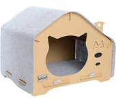 Waneka Mansión Felina Casa para Gatos, de Madera y Tela, Fácil de montar Muy resistente Bonita y Acogedora con Bosita de Hierba Gatera Espectacular les encantará