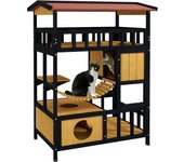 PawHut Caseta para Gatos de Madera 84x60x116 cm Casa para Gatos de 4 Niveles Refugio para Gatos con Puente Colgante Balcón y Techo Asfáltico Natural