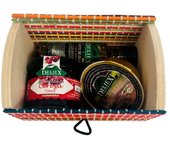 Deliex. Baúl de mimbre multicolor con mermelada de cereza, aceite de oliva y monodosis de paté ibérico (Pack 24 ud)