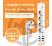 Recleta 10 en 1 USB-C 65W - Base de Carga rápida 4 USB + 2 Tipo-C PD-Conector Múltiple con 4 Tomas y Cable 2M - Certificación Segurad CE/FCC