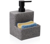 PORCHEDDU Dispensador de jabón blanco con soporte de esponja, bomba de dispensador de jabón de cocina, carrito de esponja y soporte de cepillo 3 en 1 juego organizador para encimera de fregadero, bandeja extraíble, aspecto de mármol (cepillo no incluido)