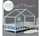 Cama para niños Treviolo forma de casa pino con colchón 90x200 cm - Menta Verde Blanco [en.casa][neu.haus]