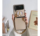 Luxury Cute 3D Bear Pearl Chain Stand Phone Case For Samsung Galaxy Z Flip 3 4 2 5 Flip3 Flip5 Flip4 5G Cover Leather Cases Capa