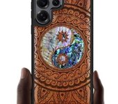Funda magnética de madera para Samsung Galaxy S25 Ultra, con grabado artesanal de madera e incrustaciones de concha, compatible con cargadores inalámbricos MagSafe (Flores y pájaro) en madera negra.
