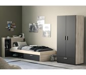 Vente-unique - Cama 90 x 190/200 con compartimentos - Negro y natural + Somier - MARTELO