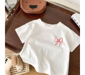 Bear Leader Children's Clothing Summer Smiling White T-shirt Cartoon Girl Avatar Bow Print Round Neck Short Sleeved Girl Top