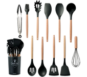 12Pcs Silicone Non-Stick Kitchen Utensils Set Cookware for Kitchen Wooden Handle Spatula Egg Beaters Kitchenware Accessories