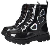 Botas-botines marca CONGUITOS para niña en color negro. Botines negros para niñas con glitter y tres corazones decorativos, con cremallera y cordones, hechos por Conguitos