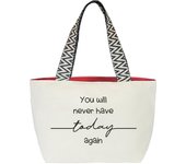Hello-Bags. Bolso de loneta premium para mujer.  Mod. YOU WILL NEVER. Incluye cremallera exterior, bolsillo interior con cremallera y forro de loneta rojo.  Empaquetado para regalo.  Color: Crudo / Negro. Medidas: 50x30 cm.