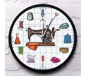 Quilting Time Reloj redondo con marco de metal para costurera, silencioso, funciona con pilas, accesorios de costura, máquina de coser, reloj con marco de aluminio negro para dormitorio, sala de estar, regalo para el hogar