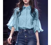 ZANZEA Elegant Women Chiffon Shirt Chic Ruffle 3/4 Sleeve Buttons Blouse Solid Luxury Lapel Neck Tops Fashion Lace-up Blusas