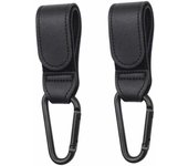 BABYZOCO Ganchos Carrito de Bebé, Ganchos Universales para Silla Paseo, Colgadores Multiusos para Cochecito Bebé, Ganchos Giratorios Silla Bebé, Soporta hasta 5 Kg, Cuero sintético, Negro, 2 unidades