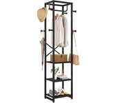 Perchero, Perchero de pie con 3 Estantes y 8 Ganchos, Escalera con Barra Colgar Ropa, Colgador Metálico para Gorros, Bolsas, Marrón Rústico y Negro TMJ088H