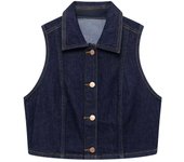 TRAFZA Women Turn-down Collar Sleeveless Single-breasted Vest Top+High Waist Pocket Zipper Belt Flared Jeans Pants 2 Piece Set