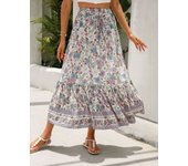 Women Bohemia Skirt Long Vintage Dress Floral Printed Rayon A line Large Hem Elastic Waist red blue