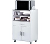 Mueble Microondas, Armario con 1 Cajón y 2 Puertas, Acabado en Blanco Artik y Cemento,